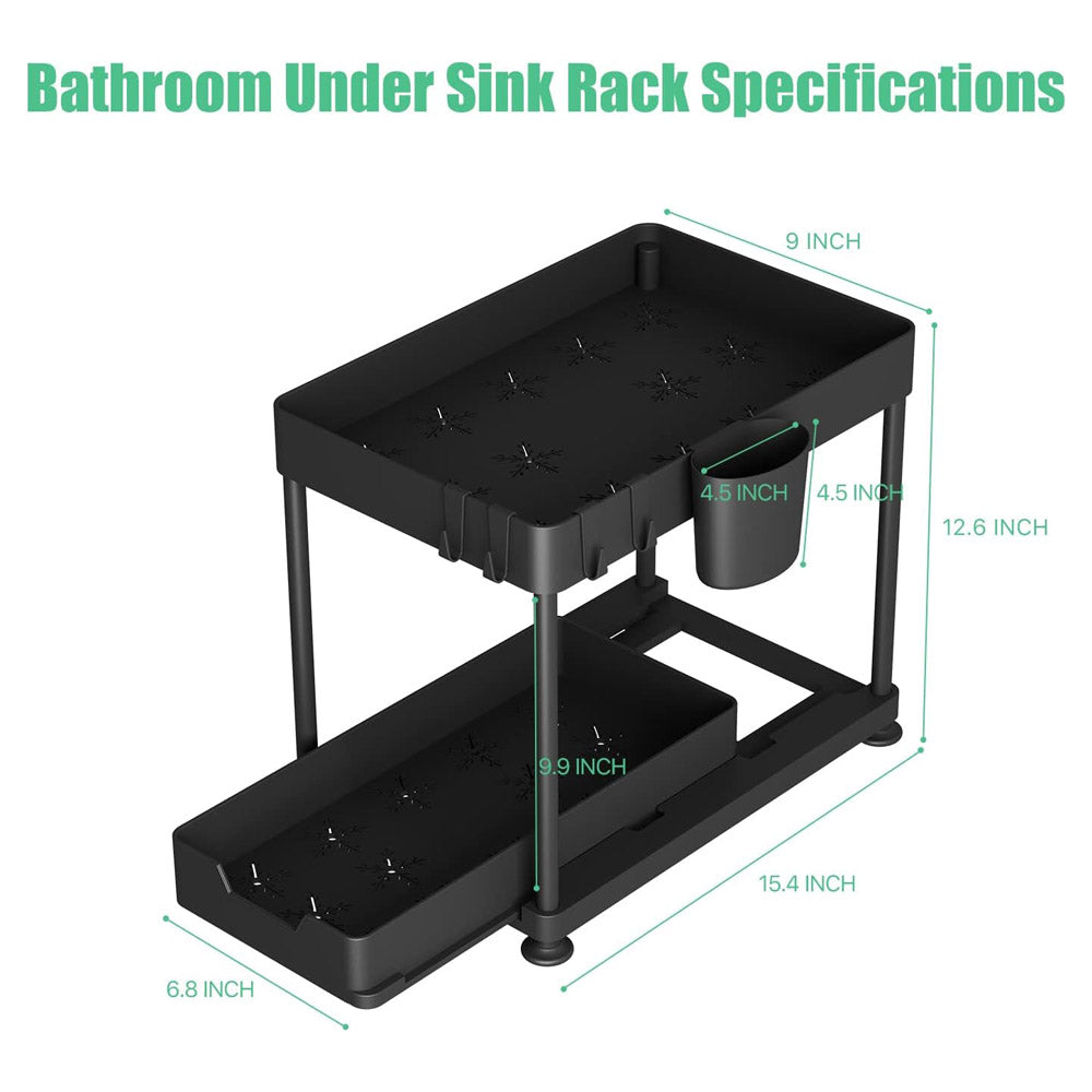 (Net) Seasoning Rack Sink Organizer Extendible 2 Tier Under Sink Shelf with 4 Hooks