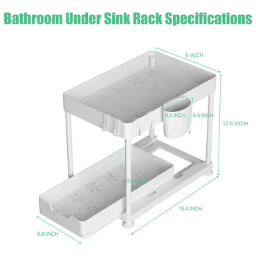 (Net) Seasoning Rack Sink Organizer Extendible 2 Tier Under Sink Shelf with 4 Hooks