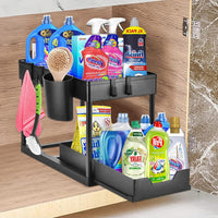 Seasoning Rack Sink Organizer Extendible 2 Tier Under Sink Shelf with 4 Hooks