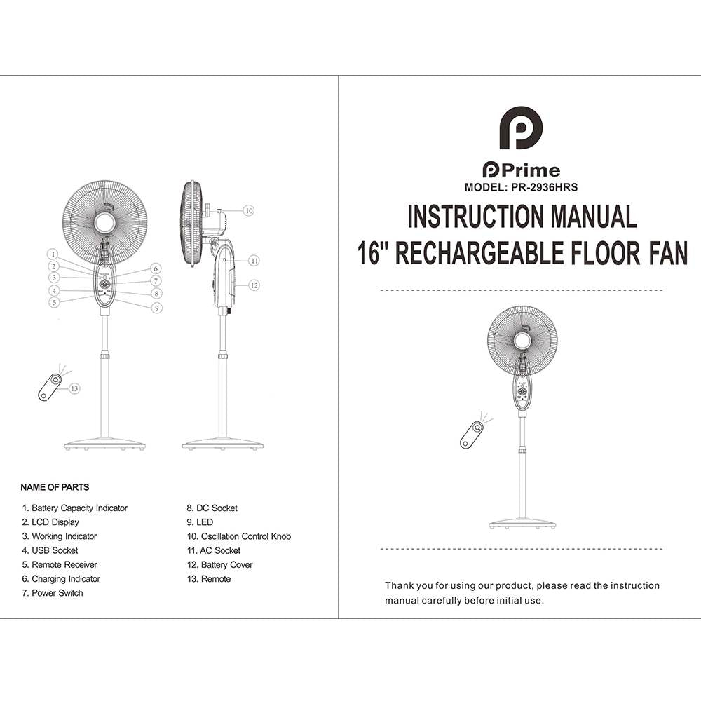 **NET**Prime Rechargeable 2936HRS 16 Inch Fan  with remote / PR-2936HRS