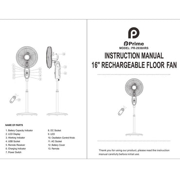 **NET**Prime Rechargeable 2936HRS 16 Inch Fan  with remote / PR-2936HRS