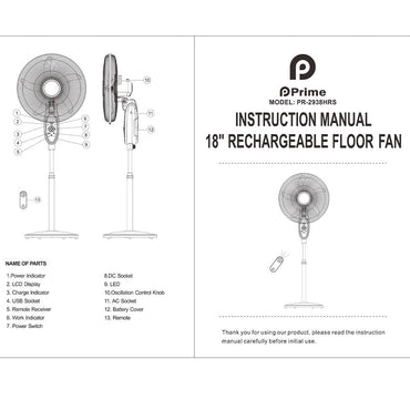 **NET**Prime Rechargeable 2938HRS Fan 18 inch with remote / PR-2938HRS