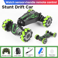 (Net) RC Stunt Car 2.4G Watch Gesture Sensor Control Deformable Car All-Terrain Auto-demo with Spray Light Music Remote Control Toy