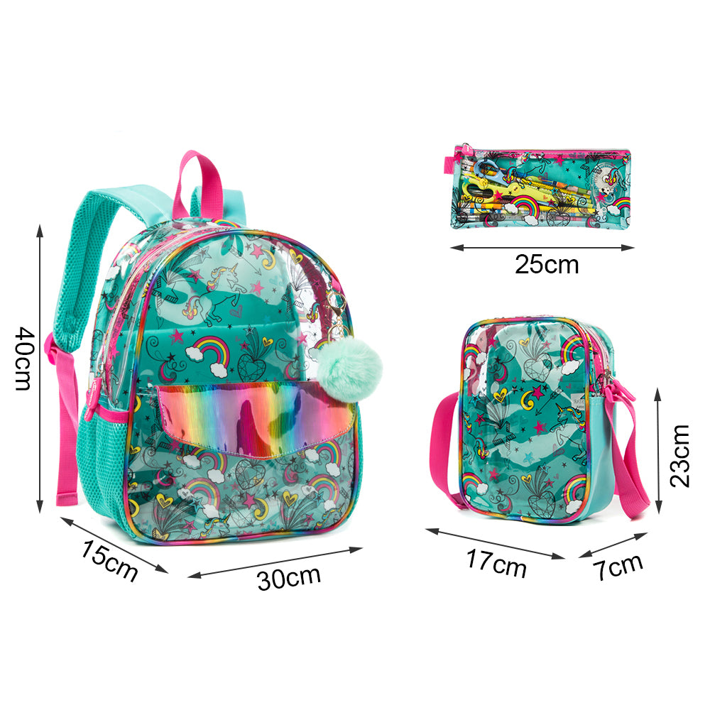 (NET)School Bags for Girls Kids Backpack 13" Children's Backpack Schoolbags with Lunch Box and Pencil Case Book Bag  Set 3 pcs / 131005-3