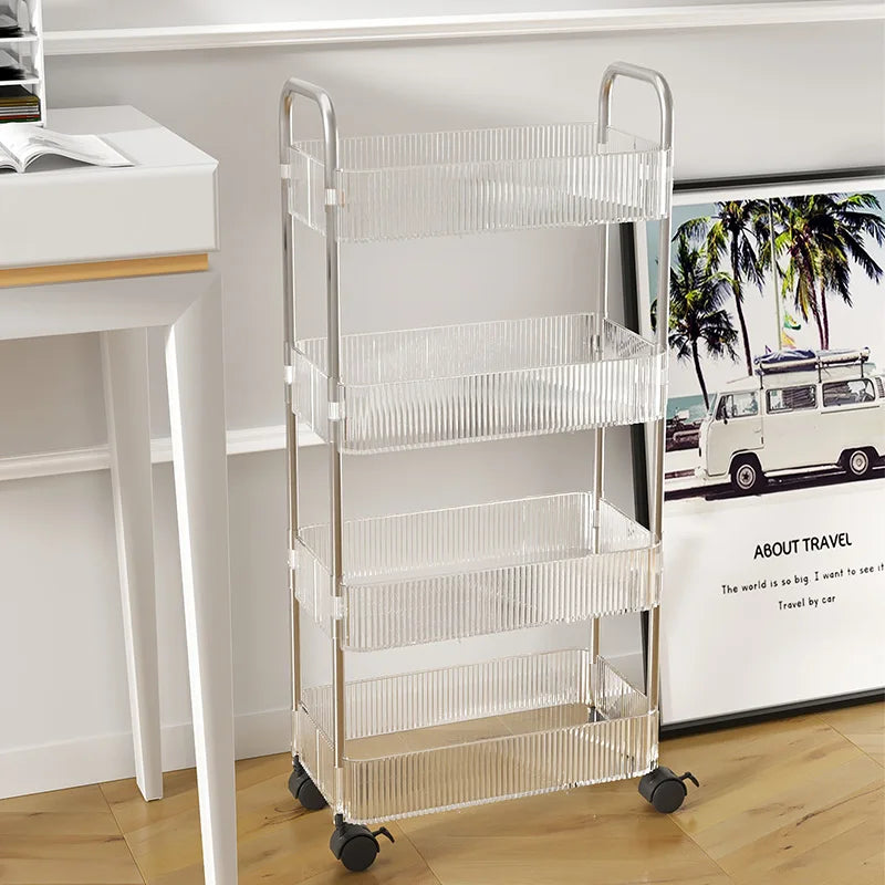 (Net) Transparent Acrylic Bookshelf Floor Standing Shelf Rack Movable with Wheels Snack Cart Sundries Organizing Holders With 4 Layers / 842311 / 8661-4