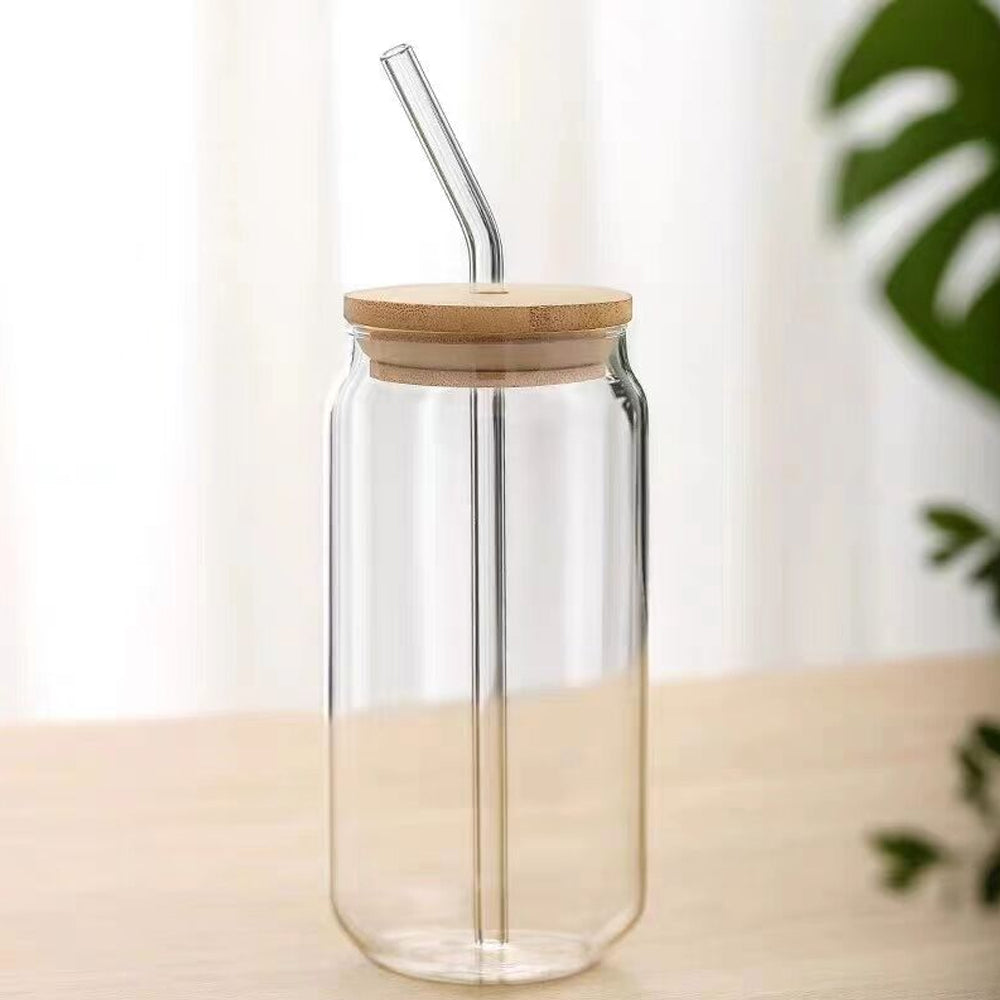 Drinking Glass Cup with Bamboo Lid and Straw 540ml