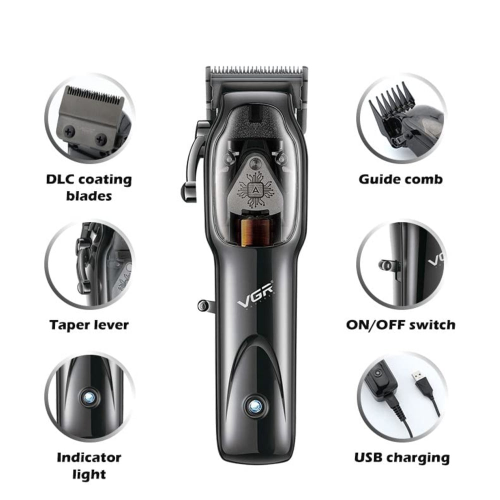 (NET) VGR Wireless Shaving Trimmer Cordless Edging Hair And Beard Clipper With Stand And Nozzles / V-653