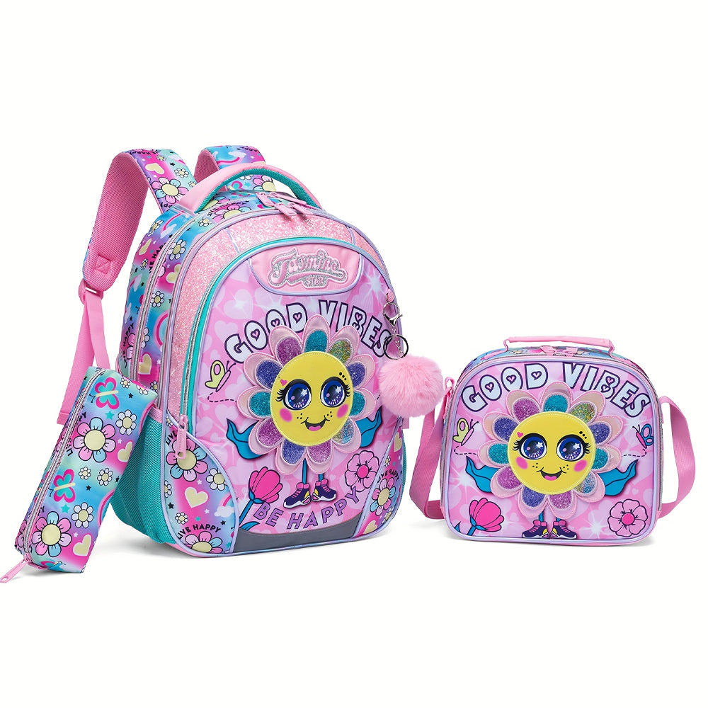 (NET) Flower Backpack For Girls Set Of 3 Pcs