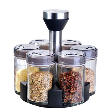 6 Jar Revolving Spice Rack Organizer Spices And Seasonings Sets With Rack Countertop Seasoning Organizer Spice Pots Storage Container Cruet With Cover And Rotating Stand Base Condiment Jar & Spice Bottle Salt And Pepper Shakers / OT-020