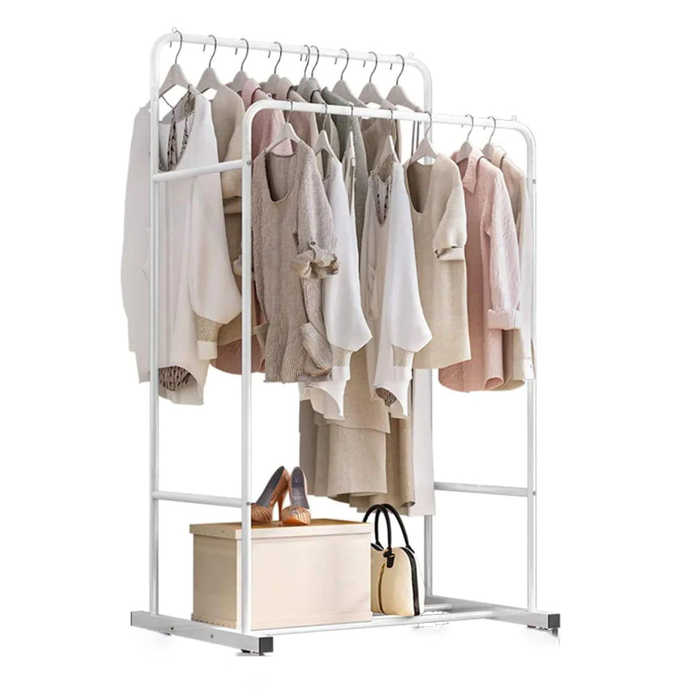 (Net) Double Pole Hanger, TIM roller clothes rack, double-layer clothes rack, clothes hanger with 2-layer metal rack, modern heavy-duty porch clothes rack and shoe stool storage rack with side rails / TM0062