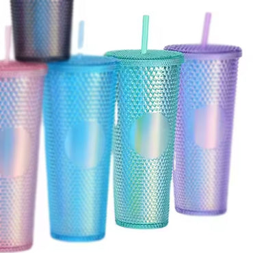 (NET) Tumbler With Lid And Straw Iced Coffee Cups Travel Mug Reusable Plastic Cups Insulated Tumblers Double Walled  750 ML