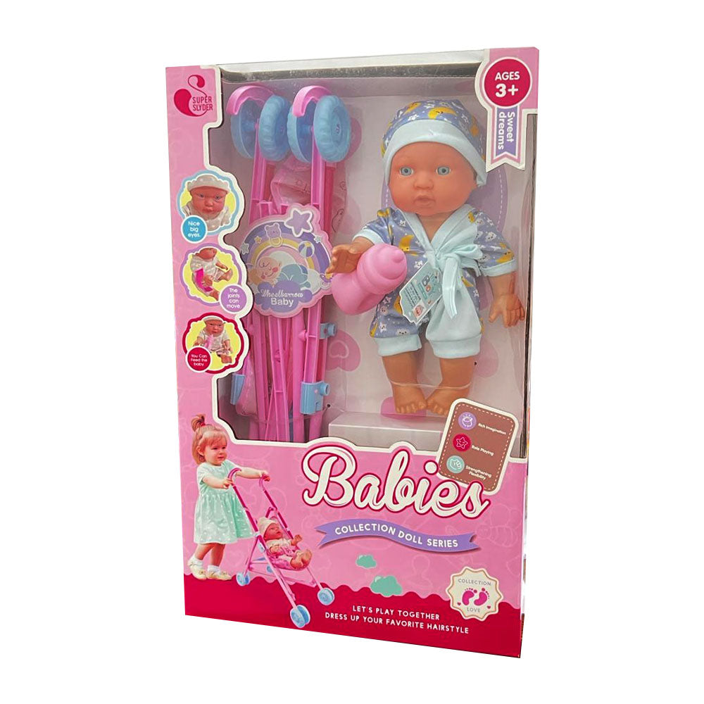 Cute Beige Wearing Baby Doll with Carriage Toy for Toddlers / 688815
