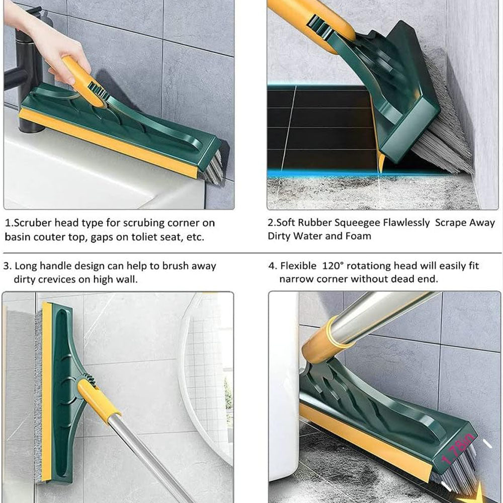 (Net) 2 in 1 Cleaning Floor Scrub Brush Floor Brush Scrubber with Long Handle Grout Brush Scrape V-Shape Stiff Bristles Cleaning Brush with Squeegee 120° Rotating Tile Brush for Bathroom Kitchen