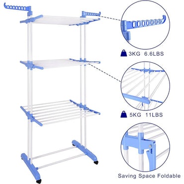 (Net) Stainless Steel Cloth Dryer Stands Foldable For Balcony With Side Cloth Hanger, 3 Layers