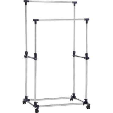 (Net) Double-Pole Clothes Hanger, Basics Clothes Rail with Wheels, Chrome