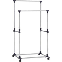 (Net) Double-Pole Clothes Hanger, Basics Clothes Rail with Wheels, Chrome