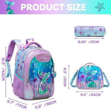 (NET) Mermaid Purple Backpack For Girls Set Of 3 Pcs
