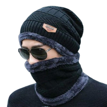 Men's Winter Knit Hat with Fur-Lined Scarf - Warm & Windproof