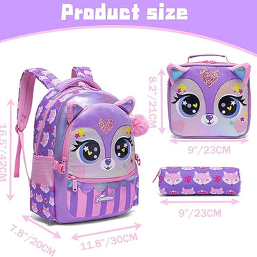 (NET) Purple Cat Backpack With Lunch Box & Pencil Case