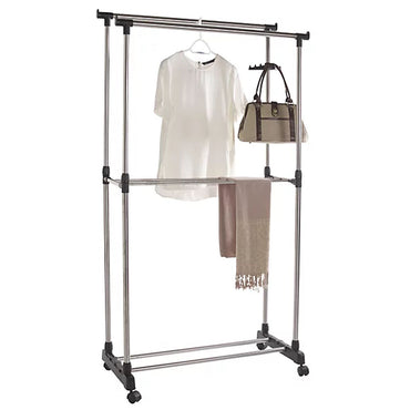 (Net) Double-Pole Clothes Hanger, Basics Clothes Rail with Wheels, Chrome