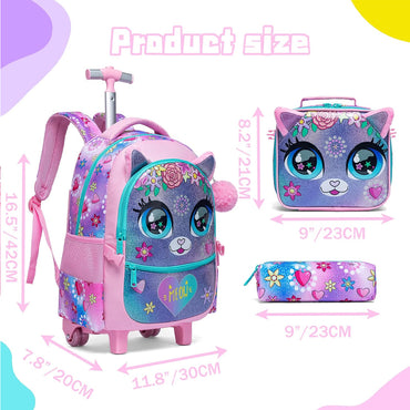 (NET) Meetbelify Flower Cat Kids Rolling Backpack 3 Pcs