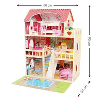 (Net) Wooden Doll House with furniture with Pool and outdoor accessories