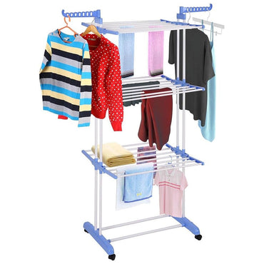 (Net) Stainless Steel Cloth Dryer Stands Foldable For Balcony With Side Cloth Hanger, 3 Layers