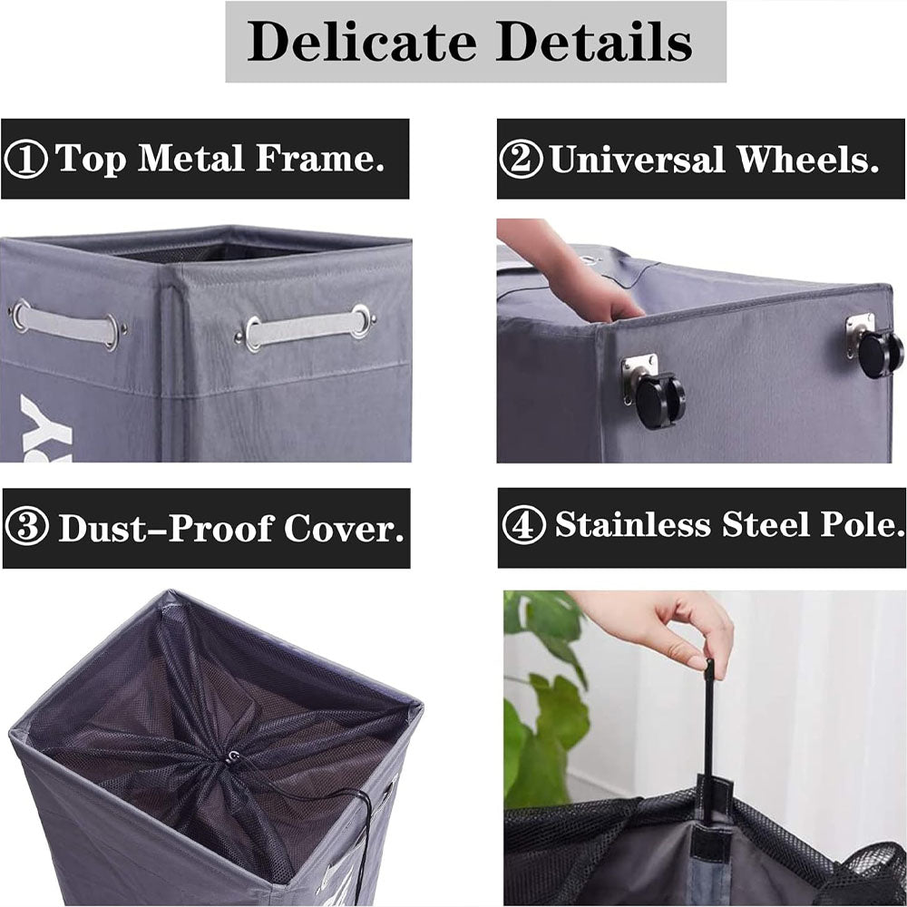 Rolling Laundry Basket Large Laundry Hamper on Wheels Collapsible Dirty Clothes Hamper with Drawstring Mesh Cover Corner Clothes Storage Basket Laundry Bin with Handle ( Grey )
