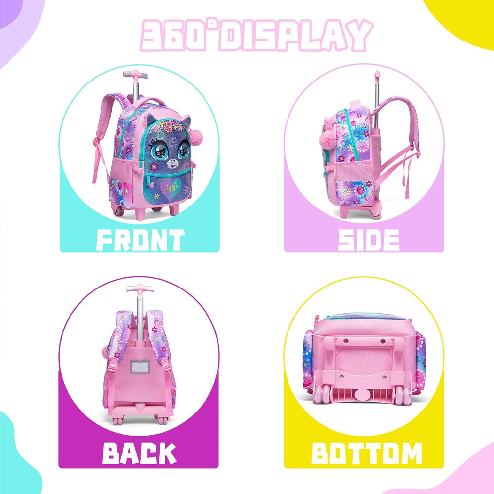 (NET) Meetbelify Flower Cat Kids Rolling Backpack 3 Pcs