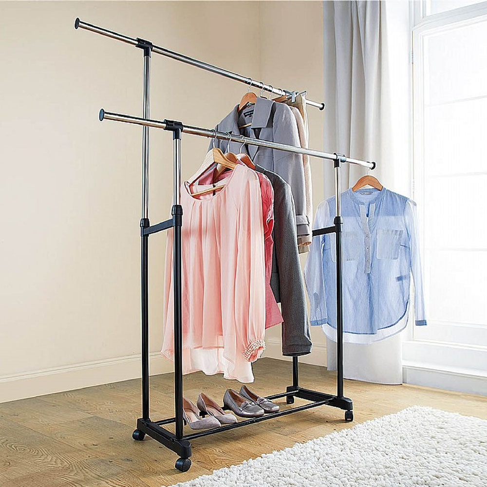 (Net) Double-Pole Clothes Hanger, Basics Clothes Rail with Wheels, Chrome