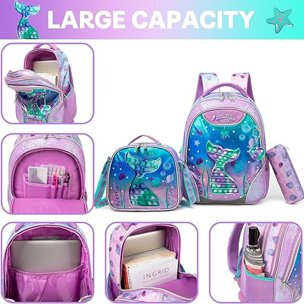 (NET) Mermaid Purple Backpack For Girls Set Of 3 Pcs