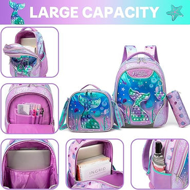 (NET) Mermaid Purple Backpack For Girls Set Of 3 Pcs