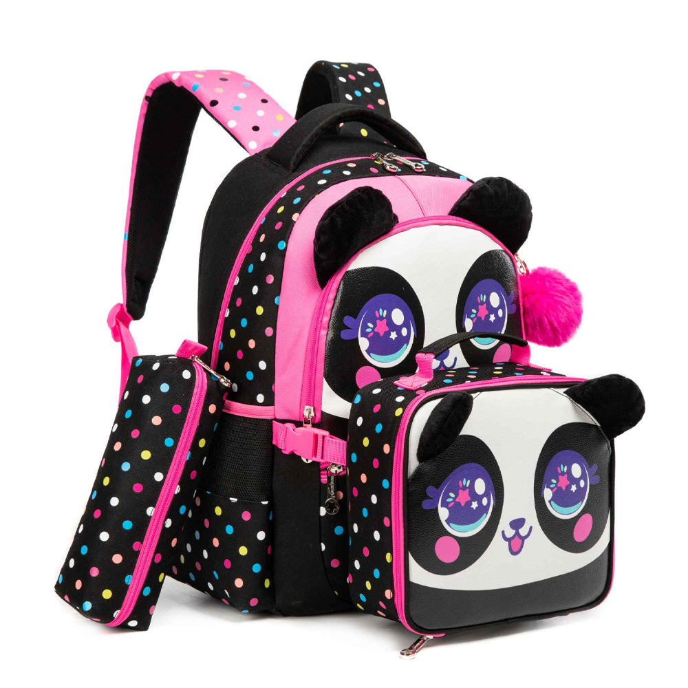 (NET) Black Panda School Backpack With Lunch Box & Pencil Case Set Of 3 Pcs