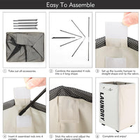 (net) Rolling Laundry Basket Large Laundry Hamper on Wheels Collapsible Dirty Clothes Hamper with Drawstring Mesh Cover Corner Clothes Storage Basket Laundry Bin with Handle ( Grey )