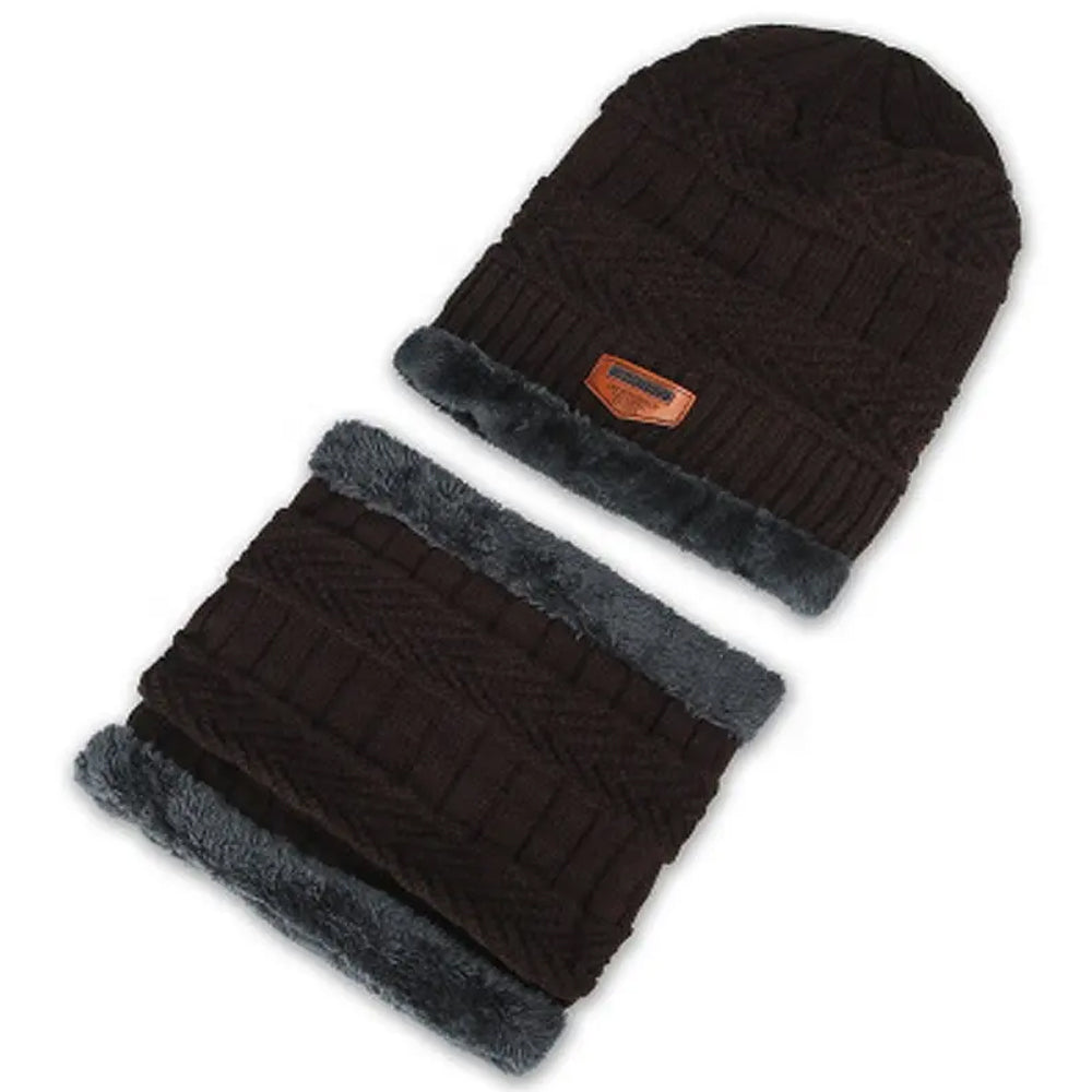 Men's Winter Knit Hat with Fur-Lined Scarf - Warm & Windproof
