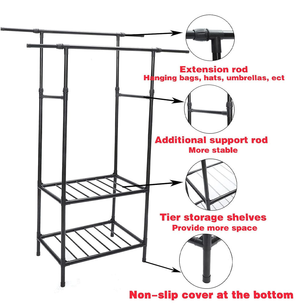 Double-Pole Shoe and Hat Rack, Clothes Rack with Shelves Heavy Duty Metal Garment Rack for bedroom clothing rack for Hanging Clothes / 8902