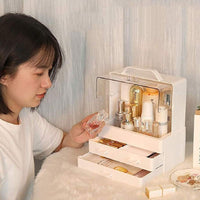 Makeup Storage Organizer Box Holder Portable Handle Fully Open Waterproof Lid Dustproof Drawers