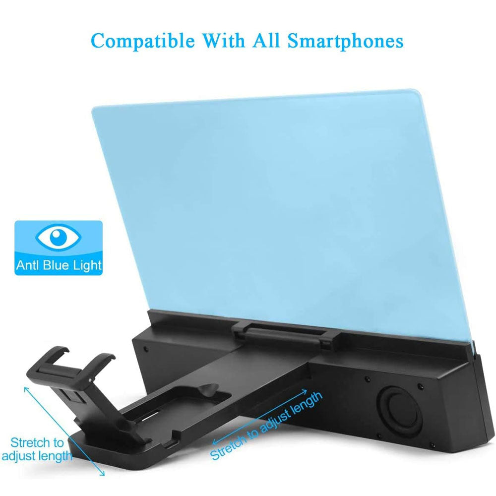 (Net) 10'' Phone Screen Magnifier with Bluetooth Speaker, 12D HD Movies Amplifier Projector Cell Phone Screen Enlarger with Foldable Stand For Smartphones