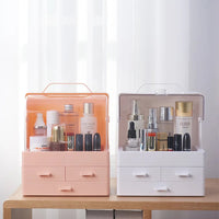 Makeup Storage Organizer Box Holder Portable Handle Fully Open Waterproof Lid Dustproof Drawers