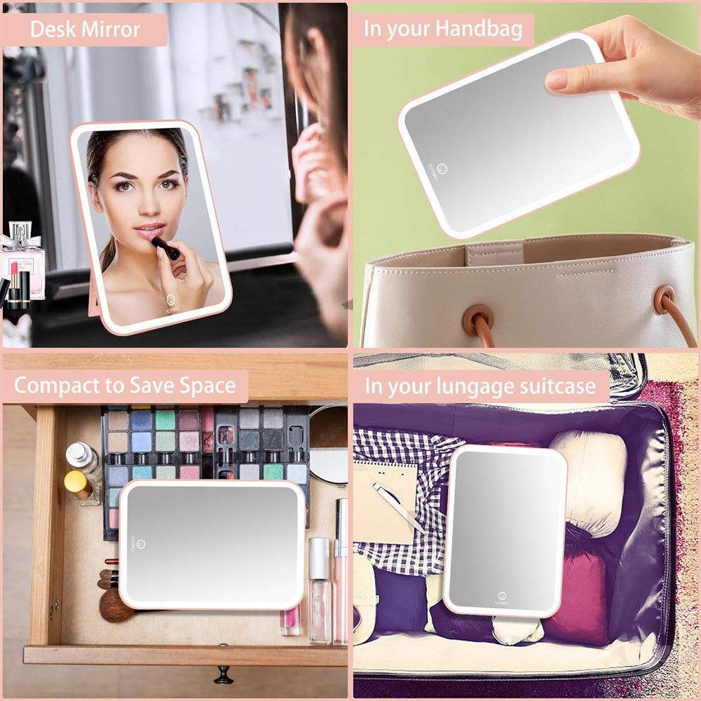 (Net) Cosmetic Mirror Soft Light and Eye Protection Flymiro Lighted Makeup Mirror with Lights, Vanity Mirror with LED Brightness Adjustable Portable USB Rechargeable, Light Up Tabletop Cosmetic Compact Mirror for Makeup,Travel