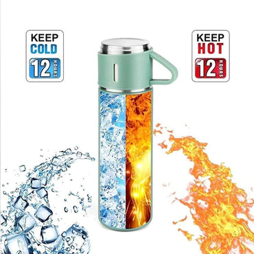 **(Net)** Thermos Flask Stainless Steel Vacuum Bottle Set 500 ml with 3 Drinking Cups Keeps Hot 24 Hours, Cold 24 Hours, BPA-Free with Gift Box