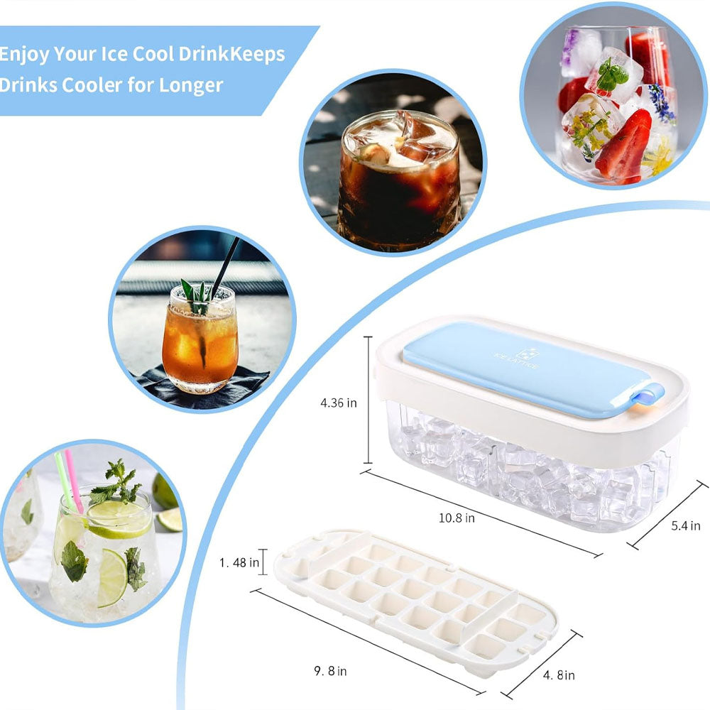 Pressing Ice Lattice Mold, Ice Cube Tray with Lid and Bin, Ice Trays for Freezer with ice scoop storage space for Cocktail Freezer Chilled Drink Refrigerator Storage