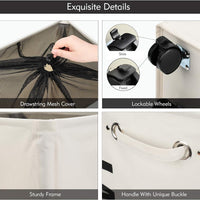 (net) Rolling Laundry Basket Large Laundry Hamper on Wheels Collapsible Dirty Clothes Hamper with Drawstring Mesh Cover Corner Clothes Storage Basket Laundry Bin with Handle ( Grey )