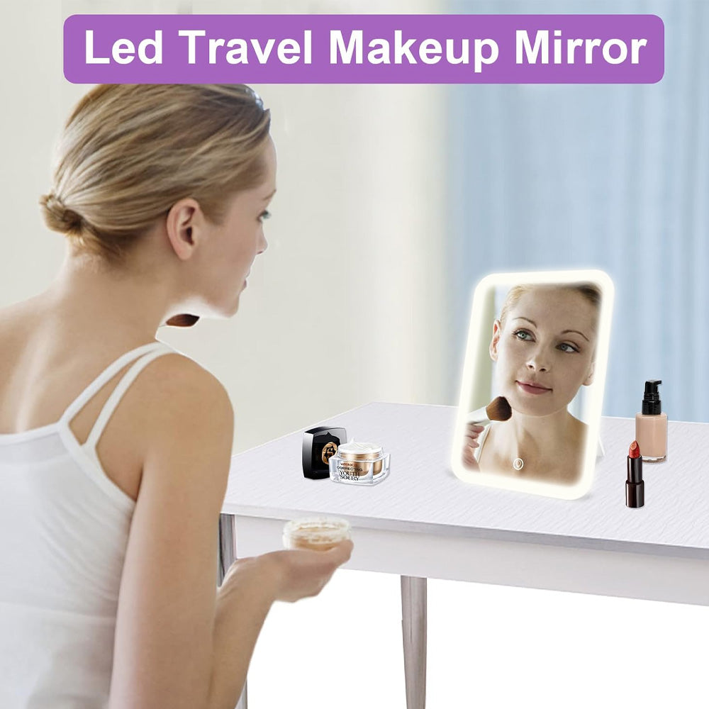 (Net) Cosmetic Mirror Soft Light and Eye Protection Flymiro Lighted Makeup Mirror with Lights, Vanity Mirror with LED Brightness Adjustable Portable USB Rechargeable, Light Up Tabletop Cosmetic Compact Mirror for Makeup,Travel