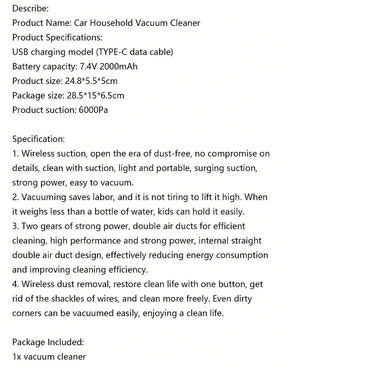 Car Vacuum Cleaner, Handheld Vacuum Cordless Portable Small Mini Rechargeable Hand Vacuum Cleaner / 8231