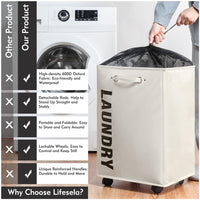 (net) Rolling Laundry Basket Large Laundry Hamper on Wheels Collapsible Dirty Clothes Hamper with Drawstring Mesh Cover Corner Clothes Storage Basket Laundry Bin with Handle ( Grey )