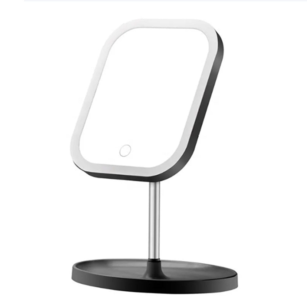 (Net) Customized Rectangular Shape Single Face LED Table Mirror with Tray 360° Swivel Function