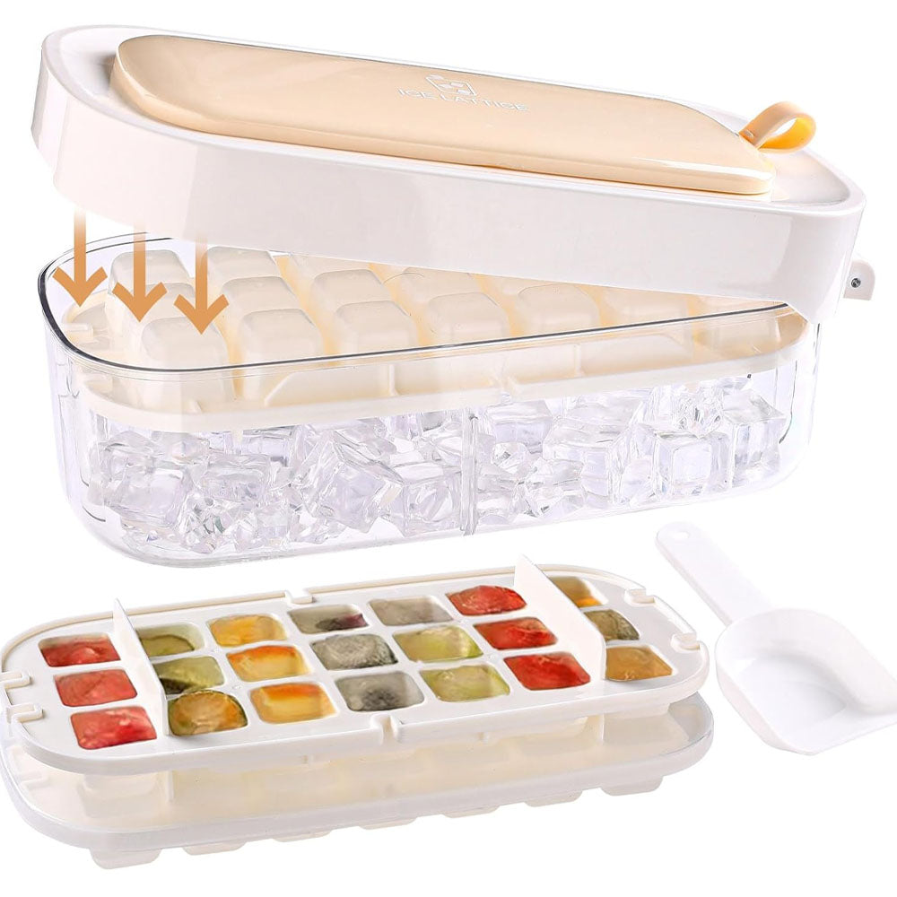 Pressing Ice Lattice Mold, Ice Cube Tray with Lid and Bin, Ice Trays for Freezer with ice scoop storage space for Cocktail Freezer Chilled Drink Refrigerator Storage
