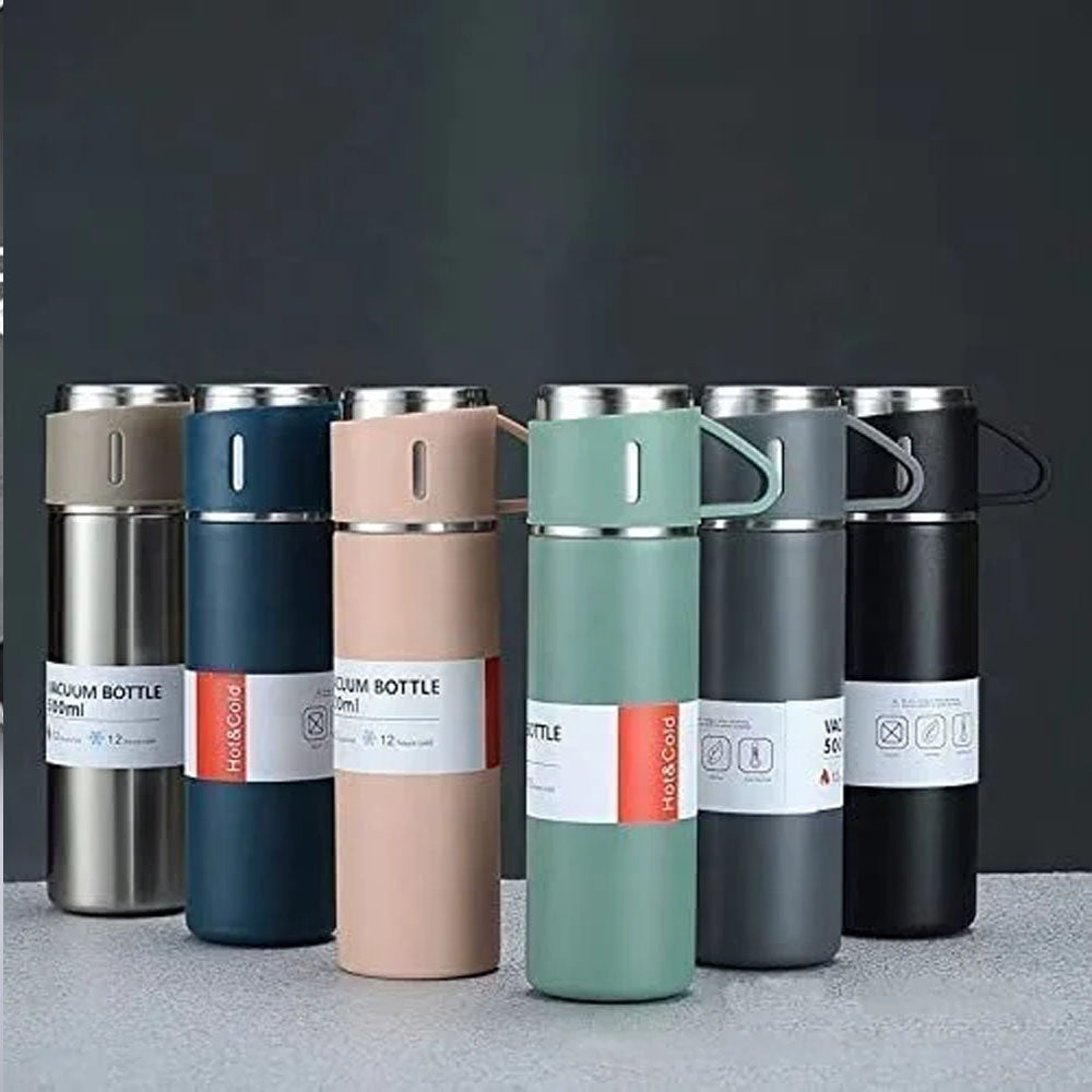 **(Net)** Thermos Flask Stainless Steel Vacuum Bottle Set 500 ml with 3 Drinking Cups Keeps Hot 24 Hours, Cold 24 Hours, BPA-Free with Gift Box