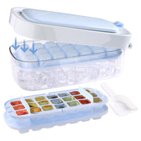 Pressing Ice Lattice Mold, Ice Cube Tray with Lid and Bin, Ice Trays for Freezer with ice scoop storage space for Cocktail Freezer Chilled Drink Refrigerator Storage